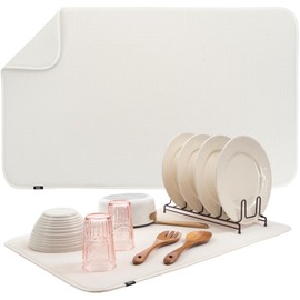 S&T INC. Dish Drying Mat Jumbo, 18” x 30”, Absorbent Microfiber Kitchen Counter Mat, Dish Drying Pad for Dishes, Utensils, Pots and Pans, Jumbo, Cream