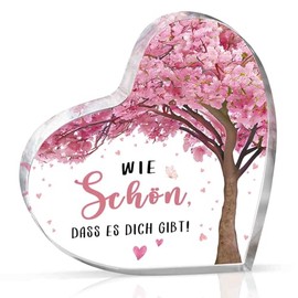 Herz Acryl Deko mit Spruch „WIE SCHÖN, DASS ES DICH GIBT!“ – UV-Druck, Kirschblüten Design, Geschenk für Freundin, Frauen, Geburtstag, Freundschaft, Deko & Briefbeschwerer
