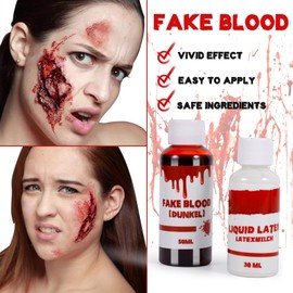 ZQEJEFD Halloween Artificial Blood Set with 60 ml Artificial Blood Fresh + 50 ml Artificial Blood Dark + 50 g Artificial Blood Gel + 30 ml Latex Milk + 6 Colours Make-Up Fake Blood Wounds Makeup for