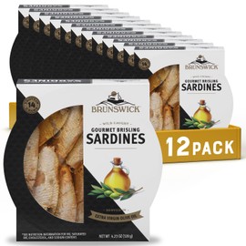 Brunswick Wild Caught Gourmet Brisling Sardines in Extra Virgin Olive Oil, 4.23 oz Can (Pack of 12) - Wild Caught Sardines - 14g Protein per Serving - Gluten Free, Keto Friendly