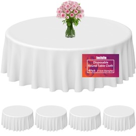 Incisite 4 Pack Round Table Cloth,213CM White Party Round Tablecloths,Tablecloths For Circular Table,Waterproof Disposable Tablecloths Plastic Table Covers for Wedding Banquet Picnic Birthdays