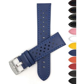 Bandini Mens Extra Long Leather Rally Strap - Breathable Perforated Racing Watch Band - Replacement Racer Rally Band for Classic and Smart Watch - Blue 22mm XL Watch Band