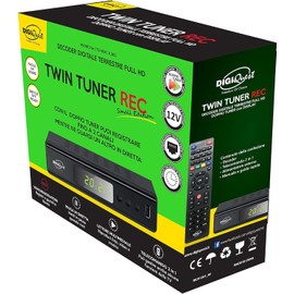 Digiquest Twin Tuner Rec Receiver DVB-T2 HEVC H.265 Chipset, Dual Terrestrial Tuner, Full HD FTA, USB, HDMI, SCART, Ethernet LAN RJ-45, Programmable Remote Control, Black, Metal