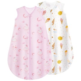 Yukkidds Baby Summer Sleeping Bag, 100% Cotton Summer Sleeping Bag, 0.5 Togs, 6-12 Months, Newborn Sleeping Bag, 70 cm, for Small Boys and Girls, Pack of 2, Pink Elephant