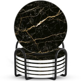 Emerson Coasters for Drinks Absorbent – Natural Stone Drink Saucers Set with Holder, Coasters for Coffee Table, Wooden Tabletop Protection Marble Style – 100% Heavy Duty Set of 6 (Streak)