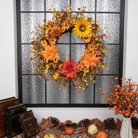 JINGHONG Fall Wreaths for Front Door 22 Inch Artificial Fall Wreath Autumn Flower Wreath with Sunflower Daisy Dahlia Pumpkin for Indoor Outdoor Window Wall Porch Harvest and Thanksgiving Celebration