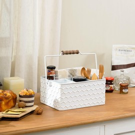 NIKKY HOME Farmhouse Silverware Organizer with 4 Compartments Cutlery Caddy Kitchen Countertop Flatware Holder for Utensil, Spoons, Knives, Forks, White Honeycomb Embossed Pattern