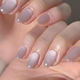 Coffin Press on Nails Short Cat Eye Nails Press ons Light Purple Crystal Glue on Nails with Silver Glitter Design Gradient Fake Nails Gel Kit Artificial Stick on Nails for Women Girls 24Pcs