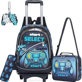 Meetbelify Kids Backpacks with Wheels for Boys Football Rolling Backpack with Lunch Box for Elementary Students Trip Luggage for Boys Ages 6-8