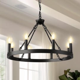 L LOHAS LED Wagon Wheel Chandelier, 8-Lights 23in Large Black Farmhouse Chandelier Light Fixture, Round Rustic Lighting for Kitchen, Living Room, Dining Room, Over Table, Island, Foyer, Entryway