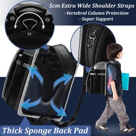 IwaiLoft Ransel Randoseru Backpack with Automatic Satchel for Boys, Japanese School Bag Embroidery PU Bookbag for Men Male (Black&Silver)