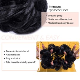 Hairro Messy Hair Bun Synthetic Scrunchy Donut Wavy Updo Elastic Scrunchie Thick Full Wedding Hair Pieces Bridal Hairpiece Easy Bun Updos for Women Kids 2pcs 40g #1 Dark Black