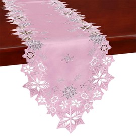 Simhomsen Embroidered Pink Snowflakes Table Runners for Christmas Holiday and Winter (Pink, 14×34 inches)