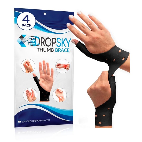 Dropsky Waterproof Wrist Thumb Support With Gel Pad, Thumb Brace for Arthritis Pain and Support-Thumb Wrist Brace, Arthritis & Carpal Tunnel - Left and Right Hand- Lightweight,Therapy Rubber-Latex, 4 pack-(Black)