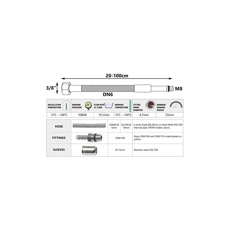 35cm Long M8 x 3/8" Inch BSP Flexible Tap Connector
