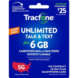 Tracfone $25 Unlimited Talk & Text, 6 GB of Data / 30 Days (Physical Card)