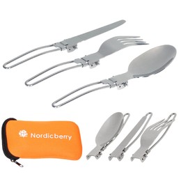 NORDICBERRY Outdoor Folding Cutlery and Camping Cutlery Made of High-Quality Stainless Steel with Neoprene Bag (Orange)