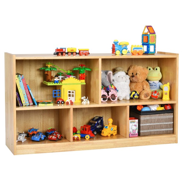 Costzon 2-Shelf Bookcase for Kids, Wooden Toy Storage Organizer for Books Toys, 5-Section Freestanding Classroom Daycare Shelf for Home Playroom, Hallway & Kindergarten (Burlywood)