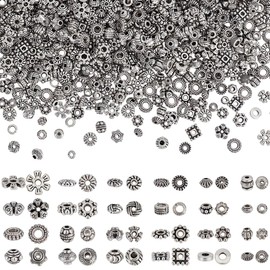 PH PandaHall 1200pcs 24 Styles Antique Silver Spacer Beads, Tibetan Alloy Tube Snowflake Spacers Beads Flower Flat Rondelle Small Loose Beads for Bracelet Necklace Earring Jewelry Making Supplies