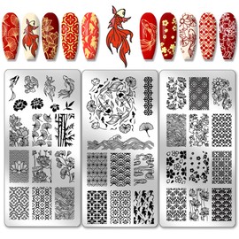 PH PandaHall 3pcs Koi Nail Stamping Plates, East Lotus Nail Stamper Plum Bossom Nail Art Stencils Print Nail Stencils Stainless Steel Nail Image Plate for Nail Art Design Manicure Salon