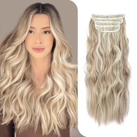 4PCS Synthetic Ash Blonde Highlighted Bleach Blonde Clip in Hair Extensions 20 Inch Long Wavy Synthetic Hair Extensions Thick and Full for Women