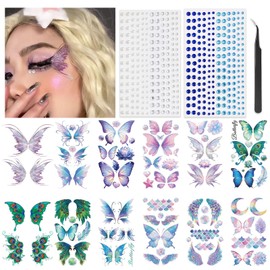 Glitter Butterfly Temporary Tattoos Sticker for Women Girls Eye Face Makeup Decoration, Flash Fairy Body Art Shiny Butterflies Waterproof Fake Tattoos for Festival Party(Butterfly Wing With Blue Gems)
