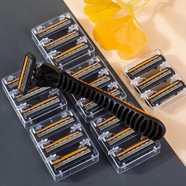 Manual Safety Razor For Men, 3-Layer Stainless Steel Hair Removal Shaving Blades, Replaceable Shaver Heads single blade razors manual razor set - Colour: 1 Handle + 6 Blades