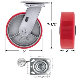 HANDSAMMU 6" X 2" Heavy Duty Casters- Industrial Casters, Polyurethane Casters Wheels, Capacity up to 1200 Lb. Use for Platform Truck, U-Boat Cart,Workbenches (1 Swivel)