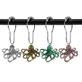 ZILucky Set of 12 Octopus Shower Curtain Hooks Decorative Home Bathroom Squid Sea Creature Beast Stainless Steel Rustproof Brushed Nickel Rings with Octopus Decorative Accessories (Colorful)