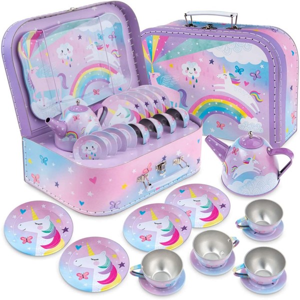 Jewelkeeper 15 Piece Kids Pretend Toy Tin Tea Set & Carrying Case - Cotton Candy Unicorn Design - Girls Gifts