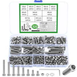 520 Pcs M5 Nuts and Bolts Set, Hex Socket Head Cap Screws Bolts and Nuts Set, Stainless Steel Machine Screws Bolts Set, Assorted Nuts and Bolts with Lock & Flat Washers Assortment for DIY Repair