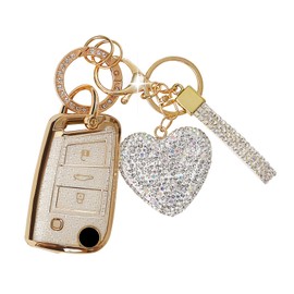 Car Key Case Cover with Diamond Bling Key Fob Made of Soft TPU, 3 Buttons for VW Golf 7 Key Case, Key Box Cover for VW Polo, Skoda, Tiguan, MK, silver