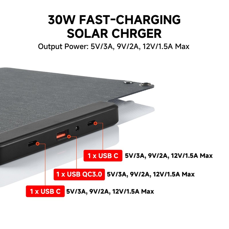 30W Solar Panel Charger, Portable Foldable Solar Panel with 3USB