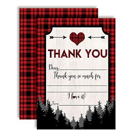 Our Little Heartbreaker Red and Black Buffalo Plaid Birthday Valentine Thank You Notes for Kids, Ten 4" x 5.5" Fill In The Blank Cards with 10 White Envelopes by AmandaCreation