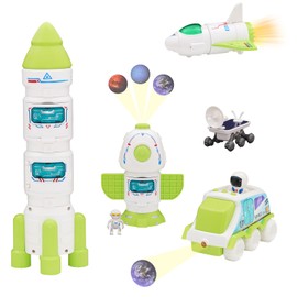 Jomifin Spaceship Toy Set for Kids, Space Astronaut Play with Lights & Sound Effect, Rocketship Solar System Playset with Rocket Shuttle, Space Station, Space Rover (Green)
