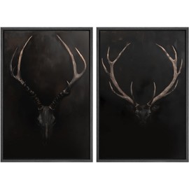 SIGNWIN Framed Canvas Print Wall Art Rustic Antler Skull Dark Dramatic Black Vintage-Inspired Deer and Elk Antlers Illustrations Decorative for Living Room, Bedroom, Office - 24"x36"x2 Black