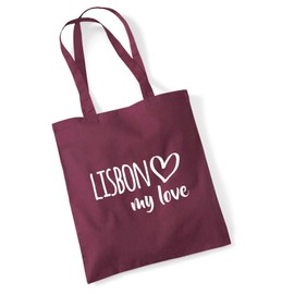 Huuraa Jute Bag Lisbon My Love Bag Cotton 10 Litres for All Fans of Lisbon Portugal Gift Idea for Friends and Family, burgundy