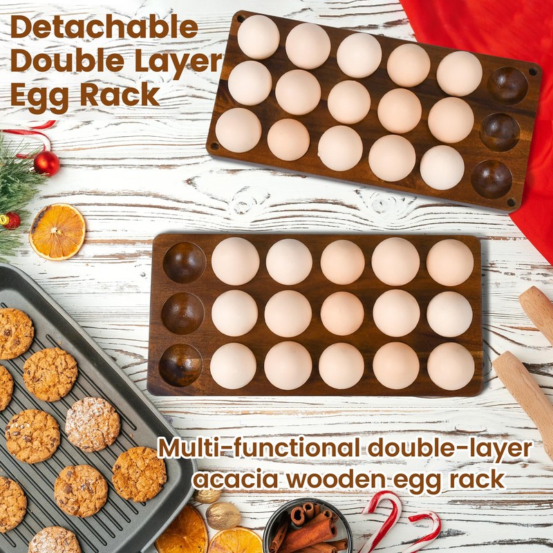 Sishynio Wooden Double Layer Egg Holder - Farmhouse Kitchen Acacia