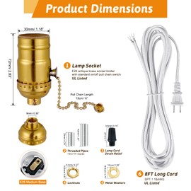 Lamp Repair Socket Kit,Pull Chain ON/Off Switch Socket for DIY Lamp with 8 feet Matching Cord and Essential Hardware, Table Lamp Rewiring Kit for Vintage Lamps or DIY Lighting Fixtures (Gold)