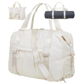 ERTUNA 18” Gym Bag with Yoga Mat Holders, Large Duffle Tote Bag for Travel with Laptop & Shoe Compartment, Carry On Weekender Bag for Women & Men with Key Ring Clip, Personal Item Travel Bag - Beige