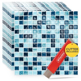 XFasten Square Peel and Stick Backsplash for Kitchen 10pcs 12” x 12” w/Cutter Blue Black Mosaic Kitchen Backsplash Tile Peel and Stick on Self Adhesive Backsplash Tile for Kitchen and Bathroom