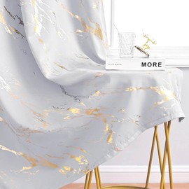 WUBODTI Marble White Blackout Curtains 63 Inch Length 2 Panel, Metallic Gold Foil Printed Grommet Thermal Insulated Curtain Abstract Decor Drapes for Bedroom Dining Room Living Room 52" W x 63" L