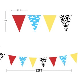 32Ft Red Blue Yellow Cloud and Cow Print Fabric Bunting Banner Cartoon Story Party Decorations Toy Story Triangle Flag Pennant Garland for Kids Birthday Baby Shower Anniversary Outdoor Garden Decor