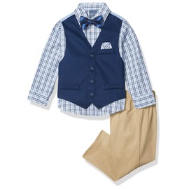 Nautica Boys 4-Piece Set with Dress Shirt, Bow Tie, Vest, and Pants Business Suit Vest, Khaki/Navy, 5 US