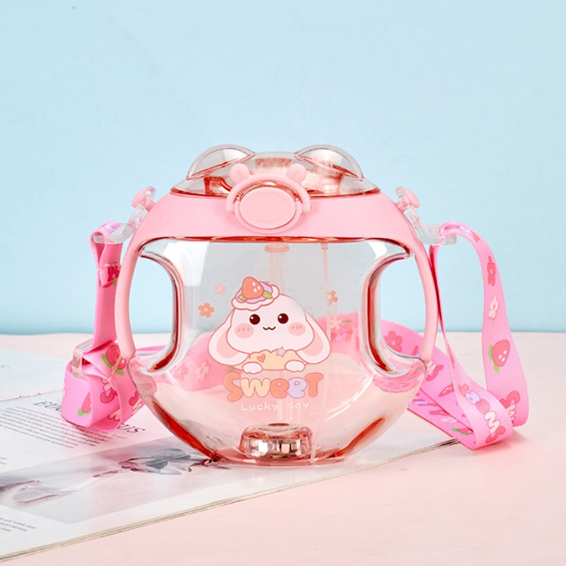 450ml Kids Water Cup with Handle and Lanyard Plastic Straw