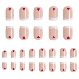 24 Pcs Red Heart Press on Nails Short Square Valentine's Day False Nails with French Tip Designs Nude Heart Fake Nails Style Valentines Glue on Nails for Women Romantic Love Artificial Coffin Nails