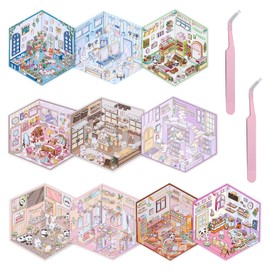 Coumy 10 Sets 3D Sticker Scene DIY 3D House Sticker Kit, Cartoon Scene Miniature Stickers with 2 Tweezers, Make Your Own Sticker Coffee Shop House for Kids Adult Home Decoration