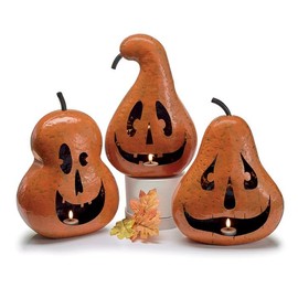 Generic Jack-O-Lantern Candleholders, Set of 3, Hand-Painted Tin, Pear 13.25"" H x 9.5"" W x 6.5"" D, Gourd 12.5"" H x 8.5"" W x 6"" D, Hourglass 13"" H x 9"" W x 6.25"" D, Orange
