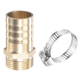 sourcing map Brass Hose Barb Fitting Straight 25mm x G3/4 Male Thread Pipe Connector with Stainless Steel Hose Clamp, Pack of 1