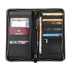 DONNAIN Genuine Leather Passport Holder Travel Wallet Large Capacity Travel Document Holder RFID Blocking Portable Travel Wallet Organiser (Black)